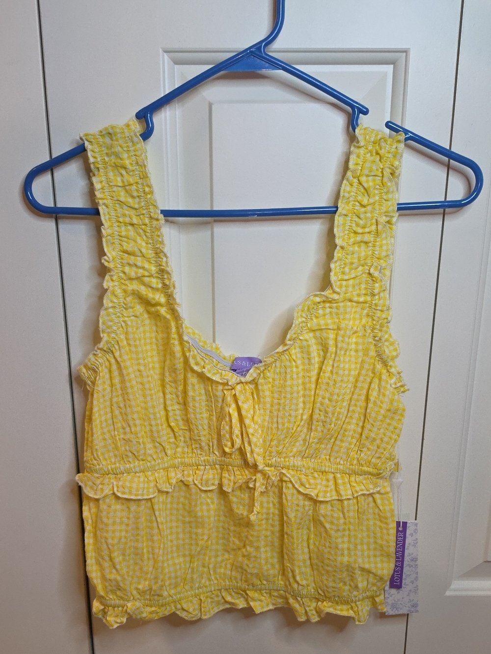 Yellow Gingham Smocked Tank Crop Top with Tie Front